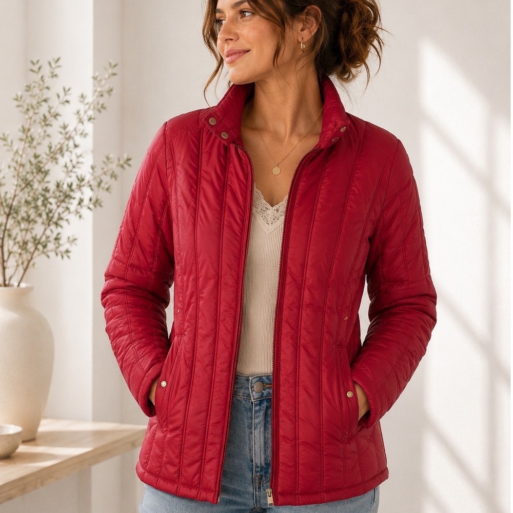 LRL Ralph Lauren Down Fill Puffer Jacket Funnel Neck Women XS Red Quilted Winter